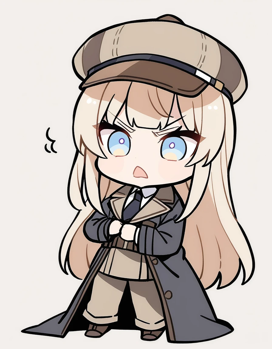 One girl, Beige hair、Long Hair、Bangs、Detective Suit、chibi,Light blue eyes、simple background、Get angry、Newsboy hat