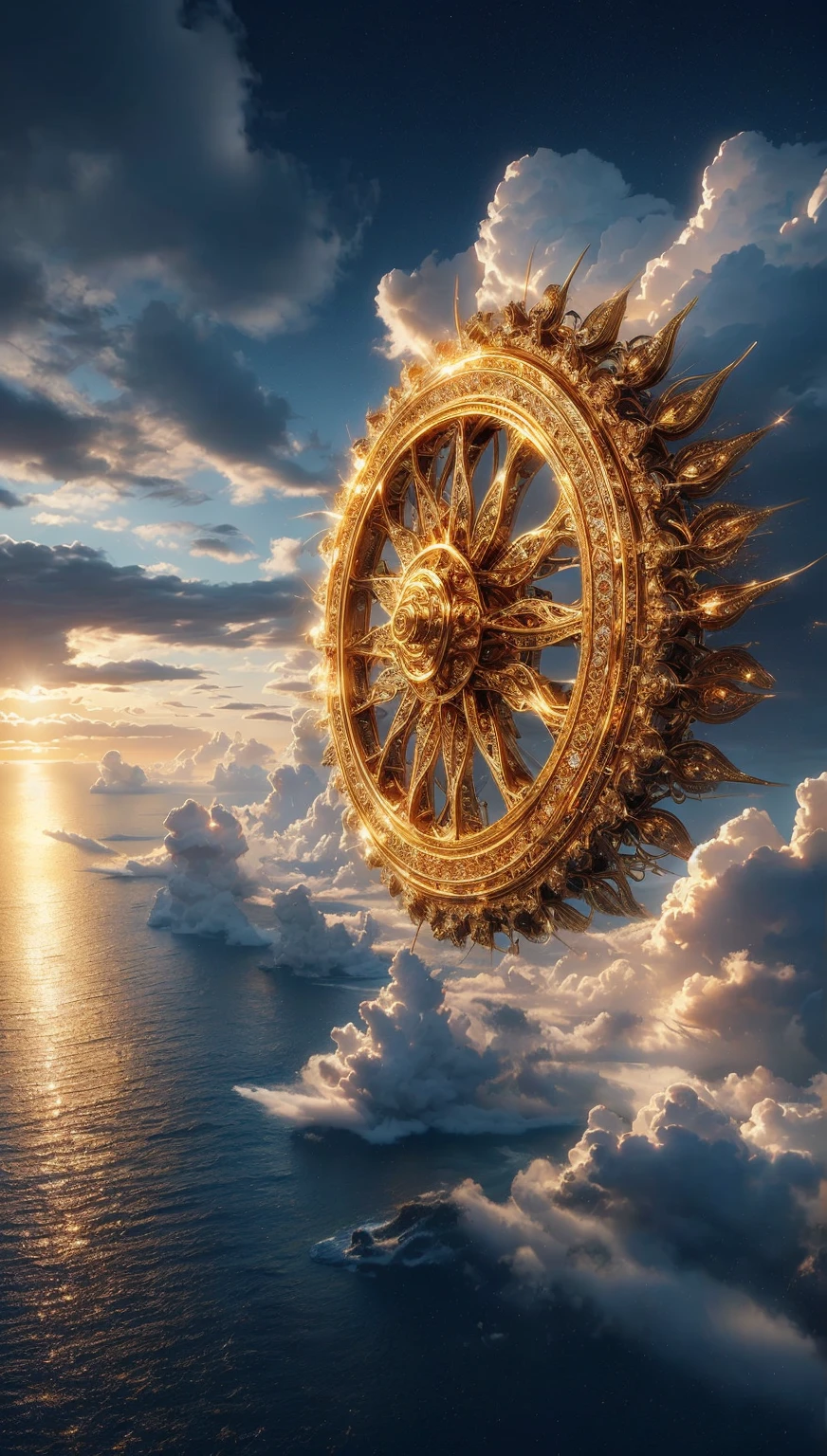 Ornate golden wheel , cloud background , realistically