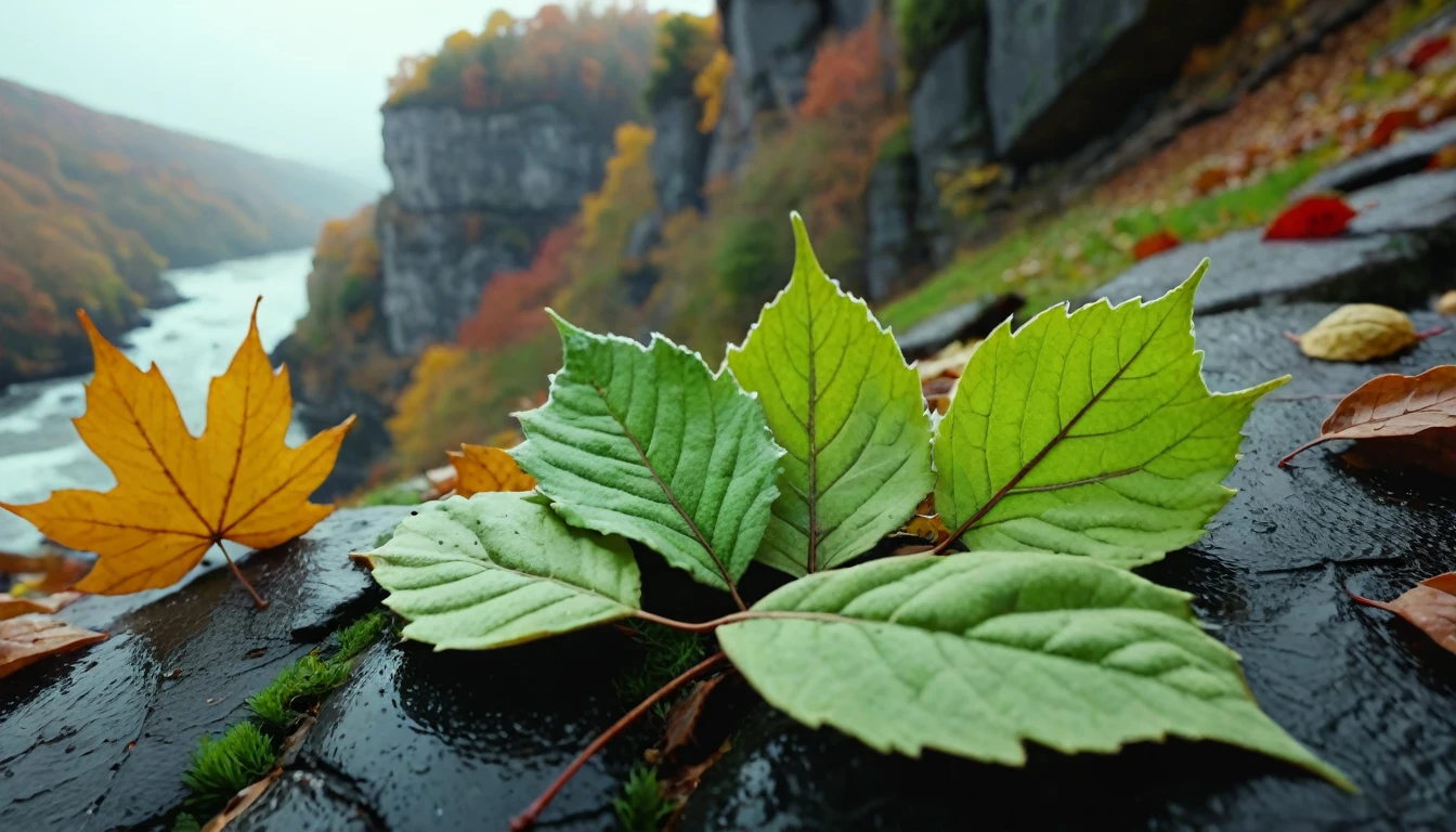 (light green leaves),(winter leaves), (half withered),(on the cliff),magical round leaves leaves falling, snow is falling thinly,nature documentry footage, youtube video screenshot, today's featured photography 4k, autumn rain turkel, nature photography 4k, november, cinematic widescreen shot, leaves and magic, high quality screenshot, 2 0 2 1 cinematic 4 k framegrab, wide screenshot