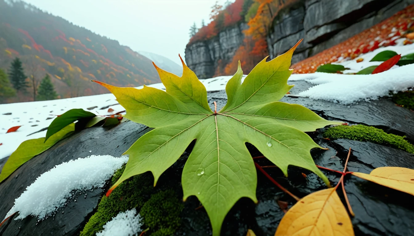 (light green leaves),(winter leaves), (half withered),(on the cliff),magical round leaves leaves falling, snow is falling thinly,nature documentry footage, youtube video screenshot, today's featured photography 4k, autumn rain turkel, nature photography 4k, november, cinematic widescreen shot, leaves and magic, high quality screenshot, 2 0 2 1 cinematic 4 k framegrab, wide screenshot