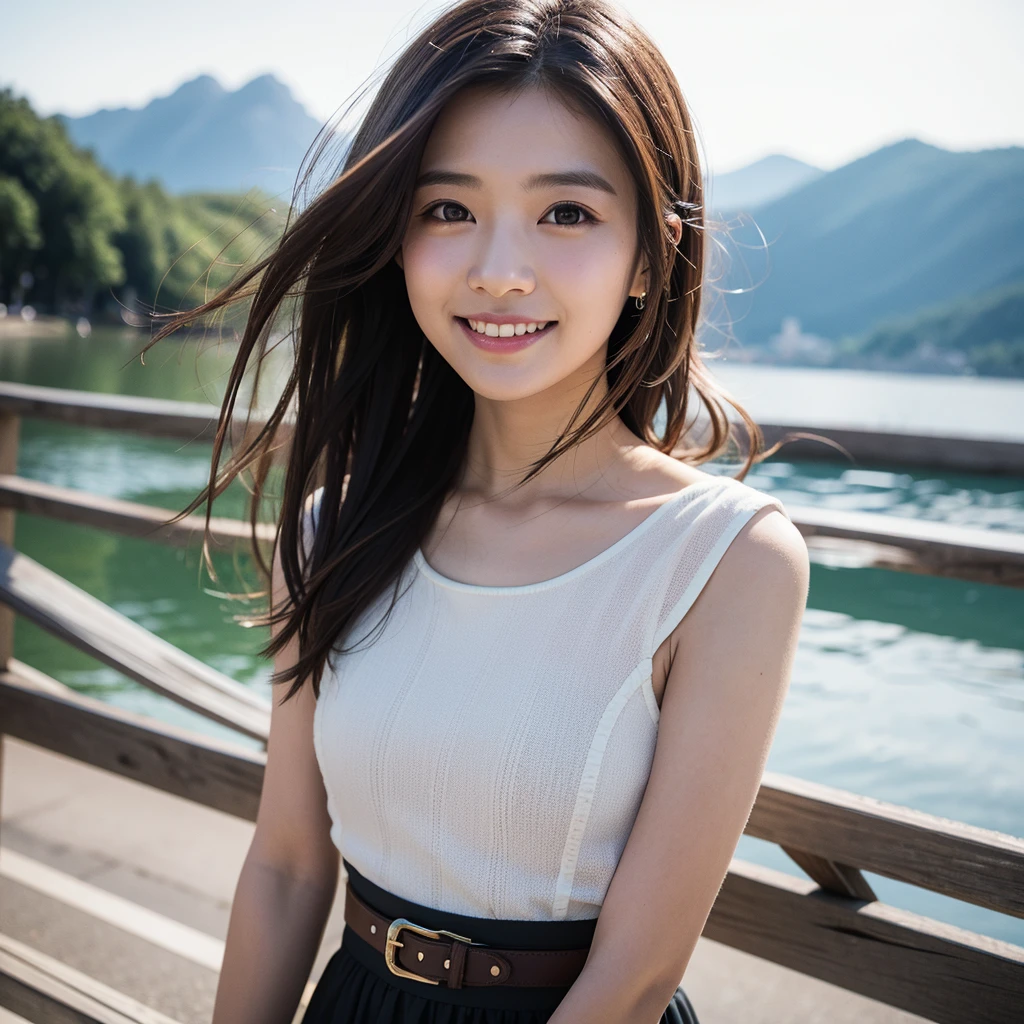 Highest quality,master piece,incredibly absurdres,photography,high resolution,lens flare,a girl, one girl,solo focus,alone,full body,perfect anatomy,Highest quality,8kbloom,a girl, one girl,solo focus,bokeh,alone,full body,standing,posing,4K,8k,raw photo,short brown hairイヤリング,Beautiful eyes、Japanese women,Age 25,healthy,positive,bright,kind,,Trendy fashion for women in their 20s（Stylish shirts,1:3)、Beautiful Skin,Fair skin,,masterpiece,Young and beautiful,Attractive woman,ecup bust、An innocent smile、smile、teeth、The background is a lake、night、moon、dim、The stars are beautiful、Accurate hands、Accurate legs,one girl、Anyway, so cute