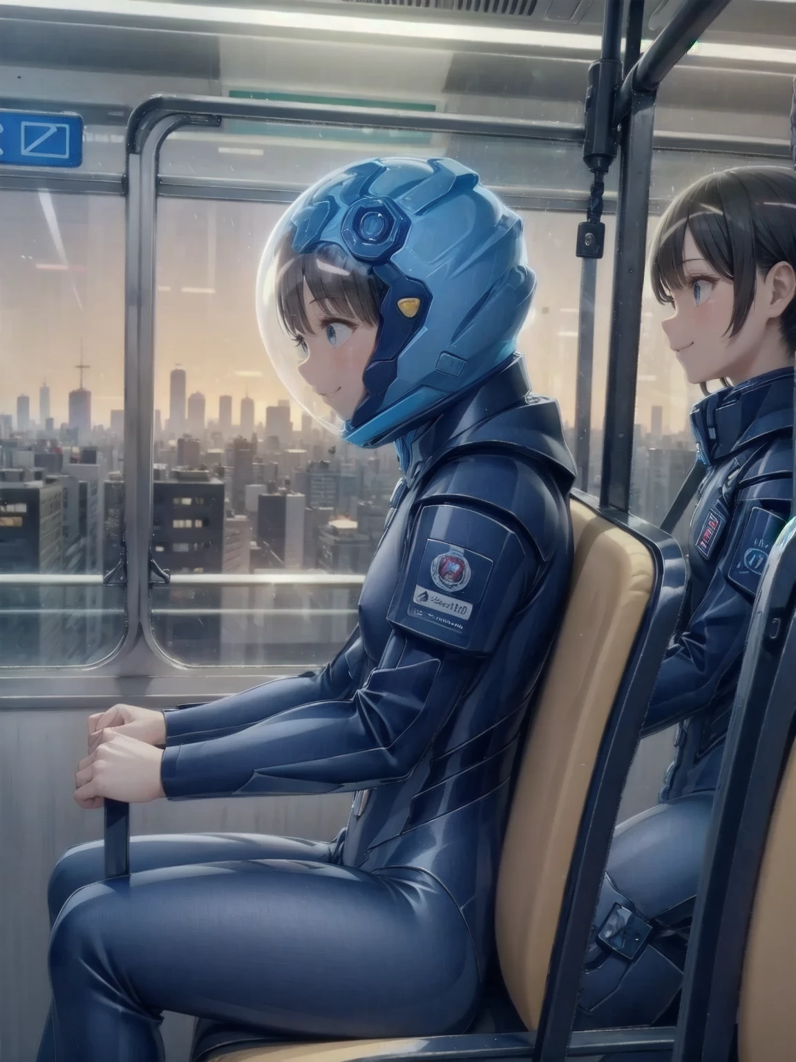 space helmet, (cinematic scene, sitting on a chair, train interior, , city view, night view: 1.5), space helmet, eva helmet, space suit, astronaut), smile bubble helmet, very detailed, speed helmet, bubble helmet, ,upper body, astronaut),eva helm, BODYSUIT, FROM SIDE