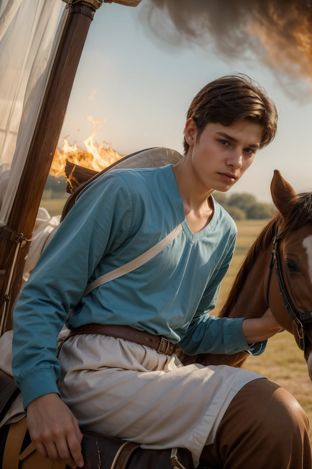 A young male twink, 18 years old, with a cute, angelic face, with makeup and black hair, wearing a medieval shirt with ties, a v-neck, and long sleeves, aquamarine in color, and white medieval pants. He is on the battlefield, riding on a horse, with a burning fire behind him. He looks angrily as if the horse is galloping