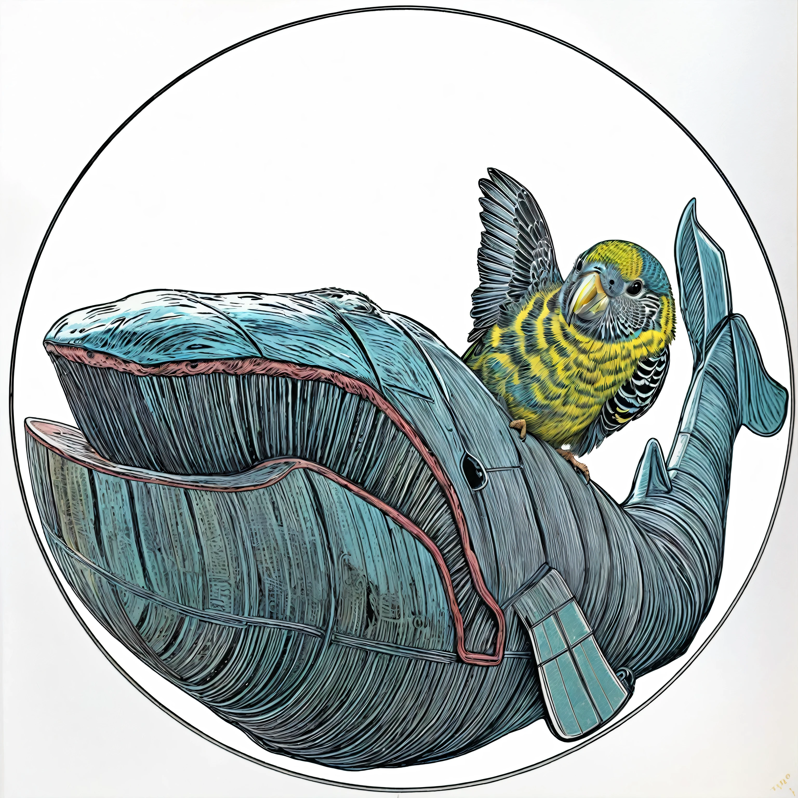 (high quality, high detailed)there is a budgie sitting on a whale that is waving a wing, cyborg whale, full color illustration, space whale, whale, inspired by Yuko Shimizu, official illustration, flying whale, highly detailed illustration, 2020, 2 0 2 0, by David G. Sorensen, 'untitled 9 ', inspired by Richard Doyle, colored woodcut