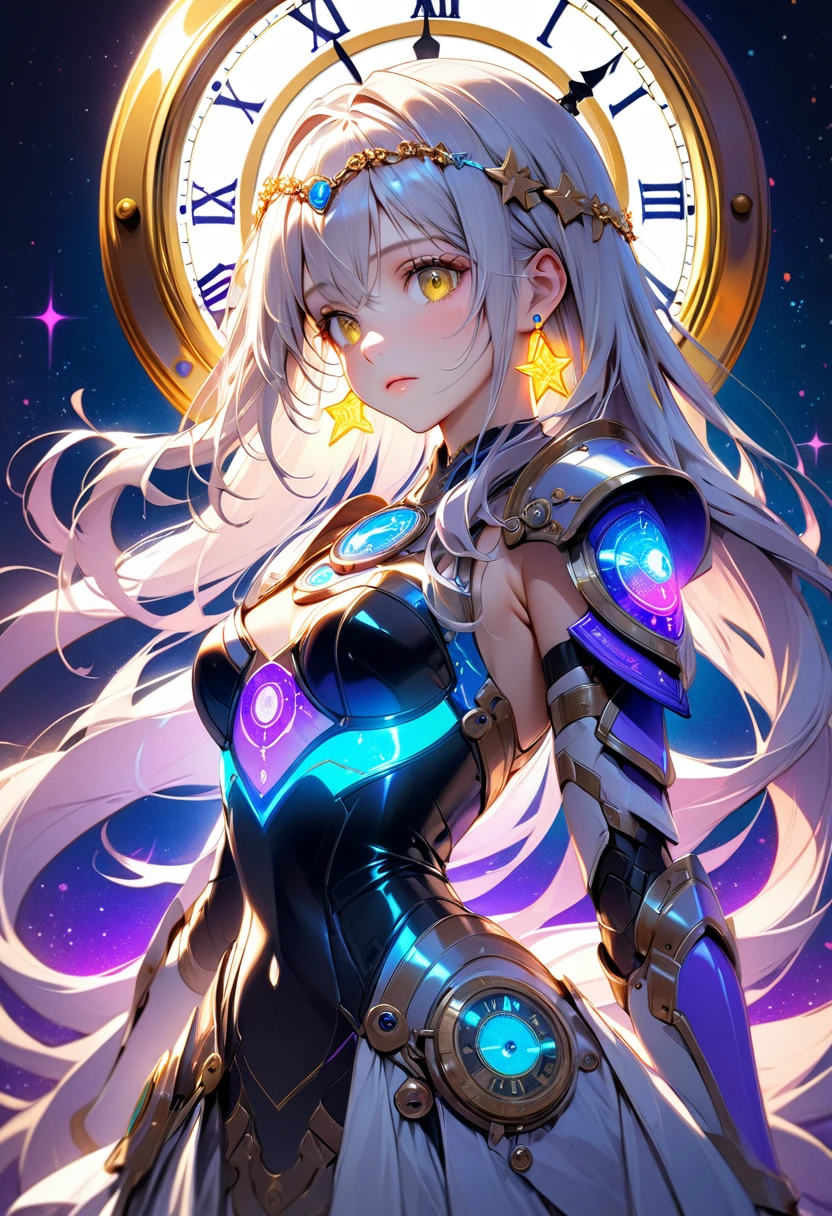 High resolution, high quality, High-resolution model, High detail, Very detailed, goddess, long hair, A look of compassion, Golden Eyes, Gradient eyes, Face seen from diagonal front left, Her hair is a gradation of silver and purple., Clock motif circlet, Neon-like earrings, Clock-themed armor dress, Waist up shot, Neon-like light in the background, In the background, an old clock extends off the screen., Lots of neon stars in the background