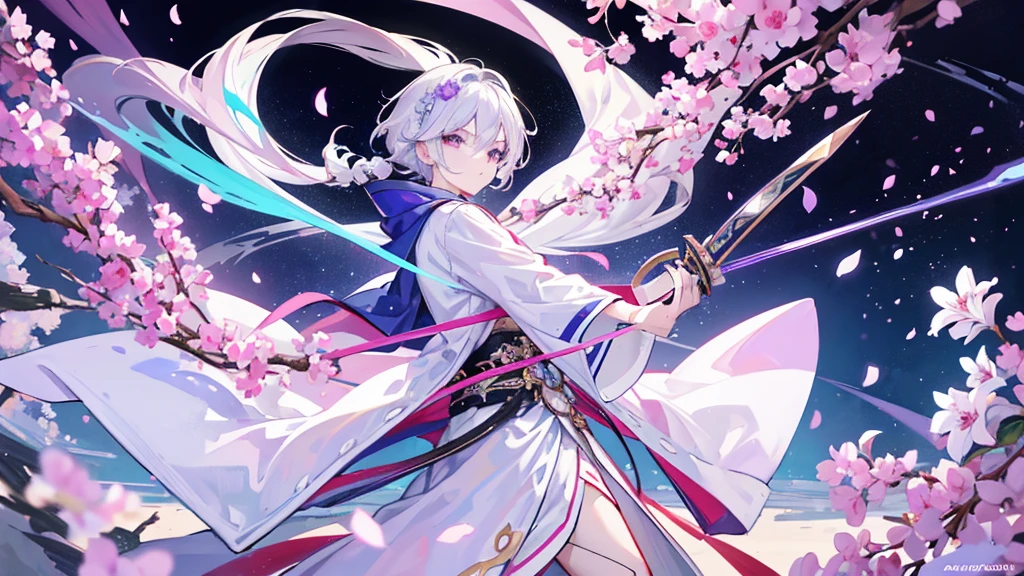 A Chinese boy who has a white hair and holding a sword wearing a white kimono with long long sleeps his kimono has a Persian painting patron and it's shiny behind him is a wall it's like a rock wall half top of the painting is surrounded by white pink purple and light blue flowers like Lily of the Valley and violets and the bottom of the painting there is so many gemstones who are pink purple and light blue the boy has a hair accessory that has a diamond shape gemstone stone that is deep red the boy hold the sword with both hand in the front of him and his pose is kind of like 3.4 of his face showing to us he's har is so long