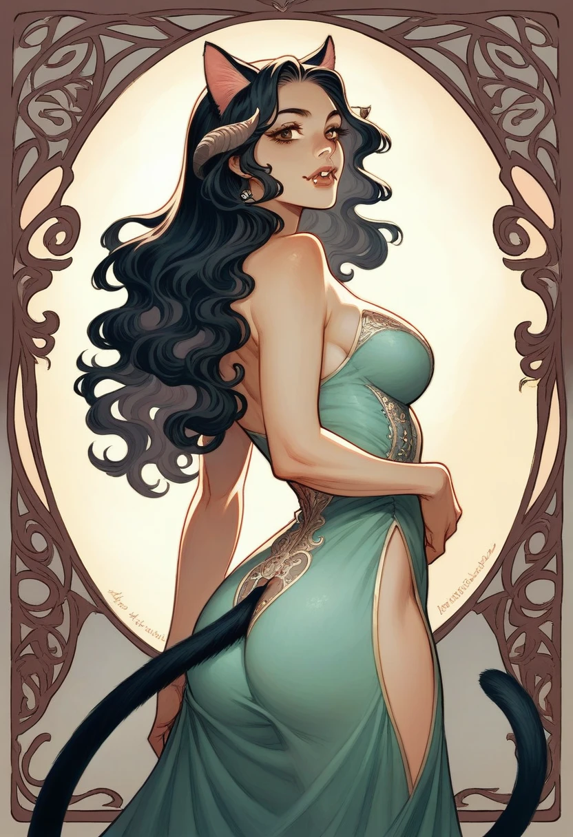A Beautiful woman, long wavy black hair, brown eyes, cat ears and tail, fangs, horns, sexy, thick lips, medium bust, large thighs and buttocks, pretty dress, halfbody, nouveau art style, watercolor style, strybk, full illustration, soft lighting, detailed face, concept art, muted colors