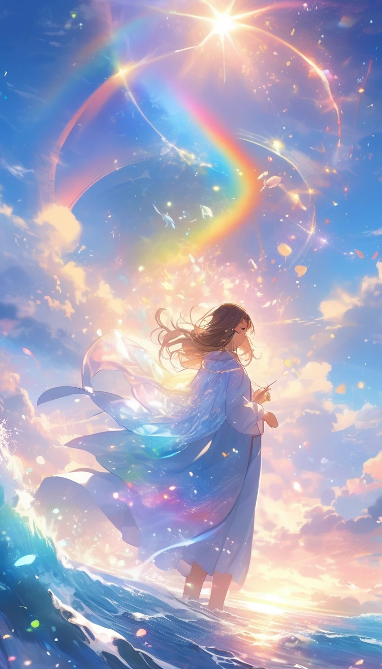 high resolution Mysterious glowing spell casting girl, ((Fantasy Rainbow Ocean)), Vibrant colors, Great light, Detailed speech bubbles, Magical atmosphere, Nice views, Dreamy atmosphere, Sparkling, Loose-fitting robes, The magic touch, Mysterious Creatures, ((Sparkling waves)), Mystical symbols, Surreal beauty, mist, There'Magic in the air, Magical moments,Mysterious atmosphere, Whimsical Creatures, Full of charm, Fairy, Superpower, Fantasy World