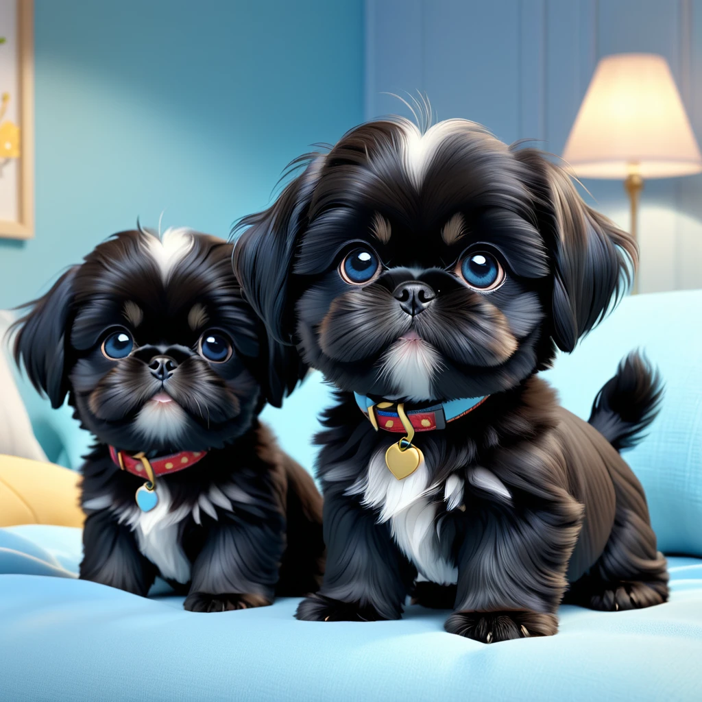2 adorable small black shih tzu puppies, light blue collars, waking up, disney house, disney 3d cartoon, 3d render, disney pixar style, cute, soft fur, detailed fur textures, detailed eyes and faces, charming expressions, warm lighting, vibrant colors, whimsical, magical, storybook, (best quality,4k,8k,highres,masterpiece:1.2),ultra-detailed,(realistic,photorealistic,photo-realistic:1.37)