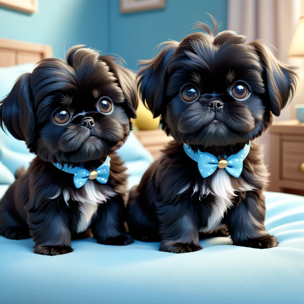 2 adorable small black shih tzu puppies, light blue collars, waking up, disney house, disney 3d cartoon, 3d render, disney pixar style, cute, soft fur, detailed fur textures, detailed eyes and faces, charming expressions, warm lighting, vibrant colors, whimsical, magical, storybook, (best quality,4k,8k,highres,masterpiece:1.2),ultra-detailed,(realistic,photorealistic,photo-realistic:1.37)