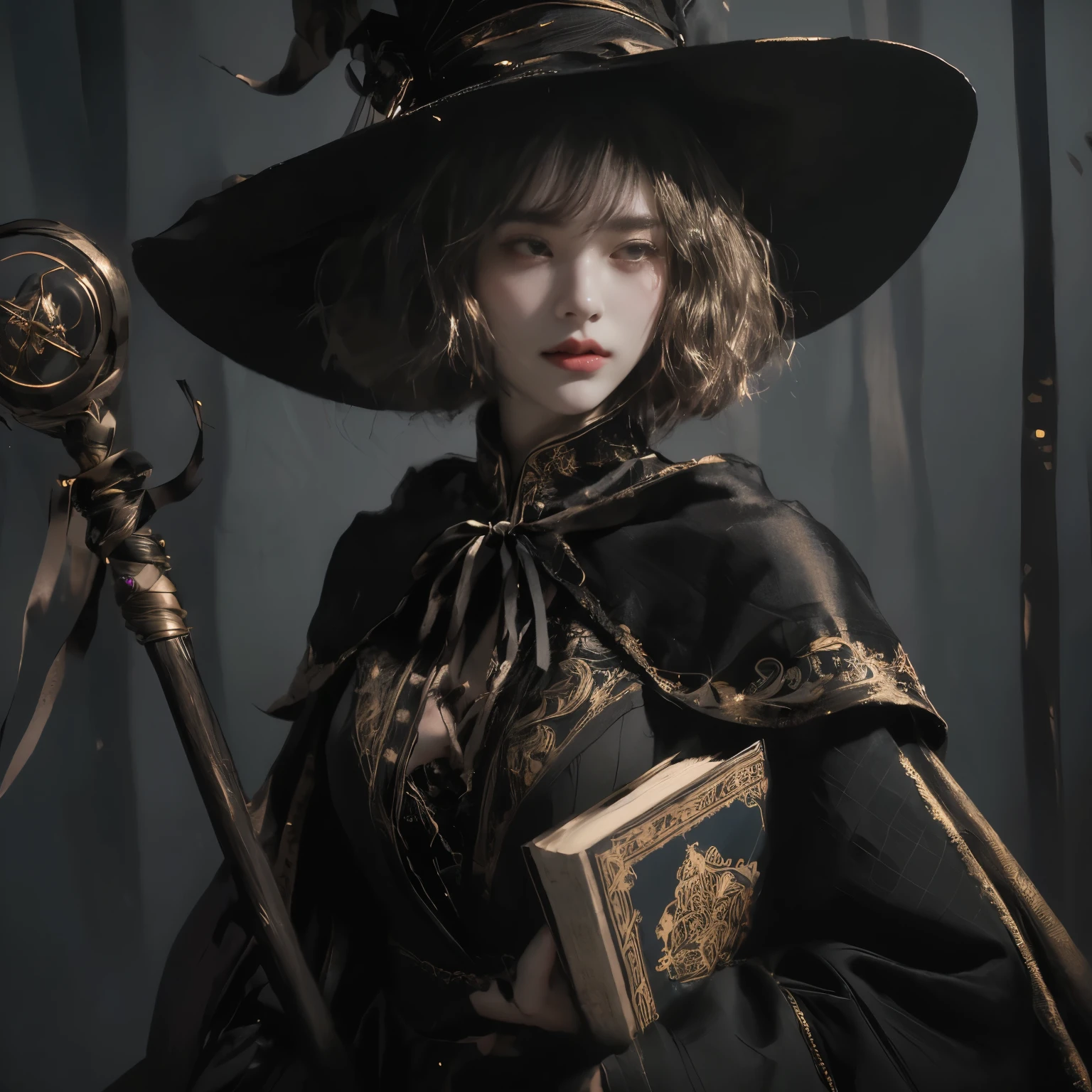 Hyper-realistic image of a girl witch with a short, wavy hairstyle, wearing a large, elaborate witch's hat. She is adorned in a dark, intricately patterned robe with a tied ribbon at the neckline. In one hand, she holds an ancient, ornate book, and in the other, a mystical staff wrapped with ribbons. The background should be dark and mystical, with a subtle, magical glow that accentuates her thoughtful expression and the fine details of her attire. Capture the atmosphere of enchantment and wisdom surrounding her.