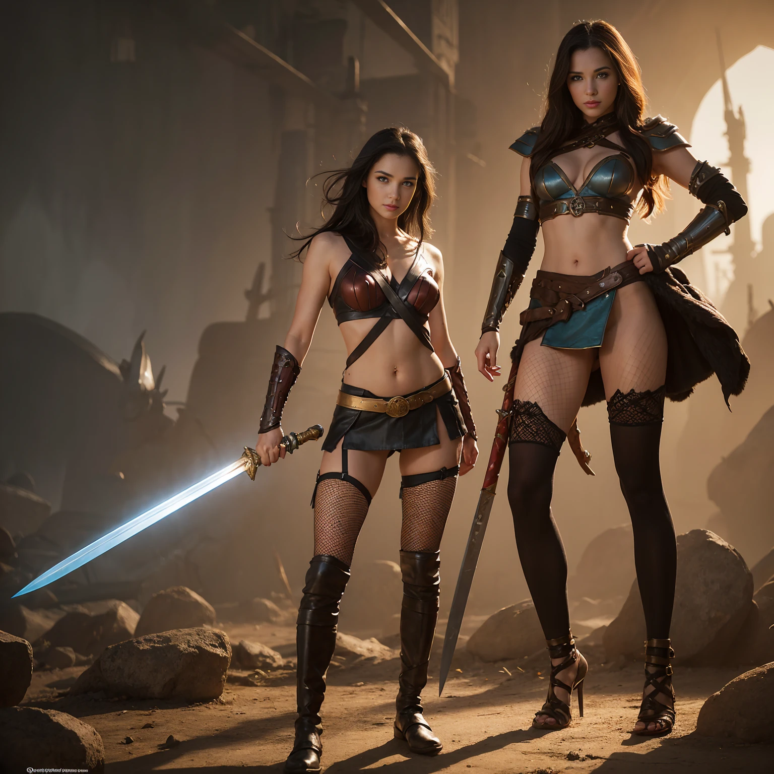 ((Full body photo, standing, feet on the ground)) 2girls, a woman dressed as a warrior holding a sword, sexy painting of gal gadot, fishnet tights, tyler edlin fantasy art, fantasy woman, gal gadot as hell lord, zenescope, a very beautiful berserker woman, magali villeneuve', as seen on artgerm, very beautiful female barbarian, artgerm julie bell beeple, 4k fantasy art