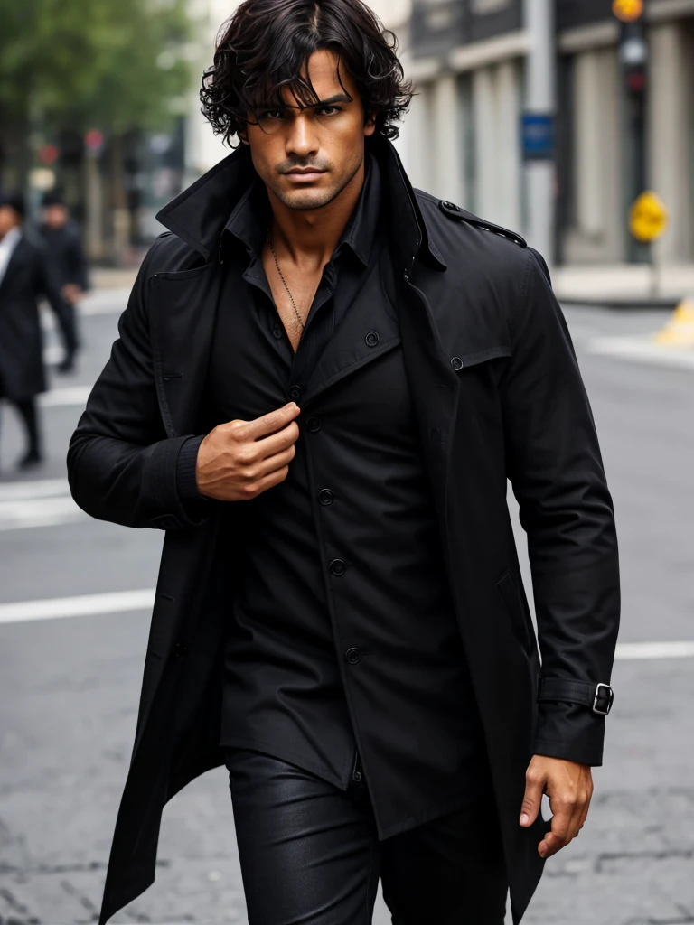 (best quality), 1boy, mature man, tanned skin, black hair, (bangs over eyes), medium hair, wavy hair, messy hair, brown eyes, perfect eyes, stubble, black trench coat, black clothes, hitman, fully clothed, serious expresssion, strong jawline, muscular, broad, masculine, stoic, masterpiece, anatomically correct, highres
