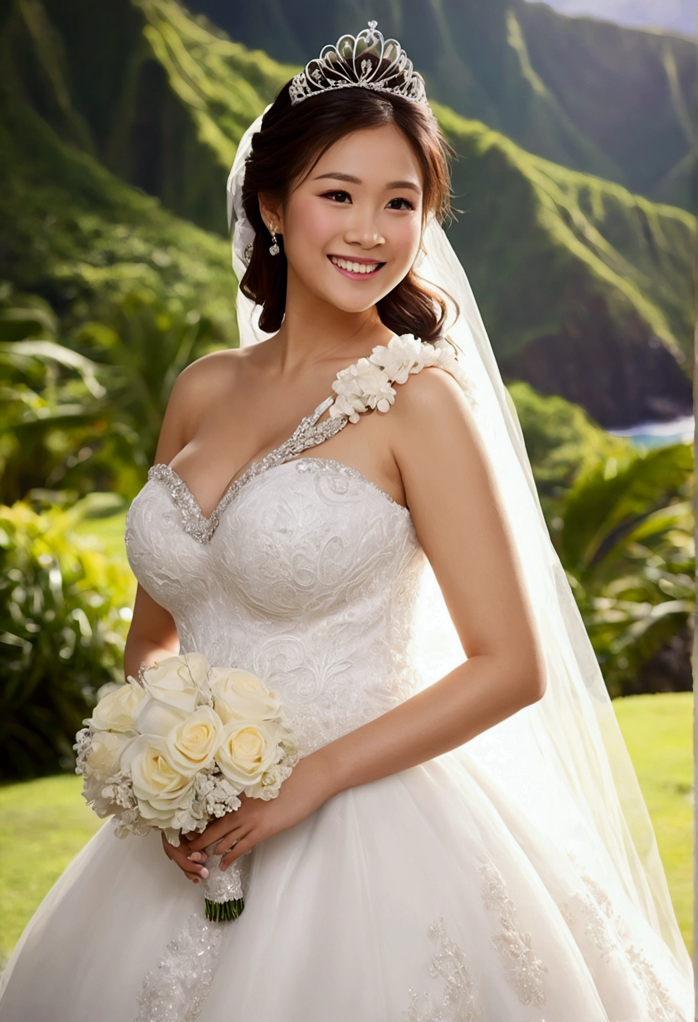 (Best Quality, masutepiece:1.2), (Realistic:1.3), (hyper detailed background, Detailed background), Bokeh,Shooting from the side,  ((huge breasts)), [[Valley]],(Princess Line Wedding Dresses:1.3),(((One-shoulder:1.3))), Bridal tiara, Bridal Veil, bridal gauntlets,  Upper body, (Wedding Venues in Hawaii:1.2), Smiling, pregnant, big belly bump.