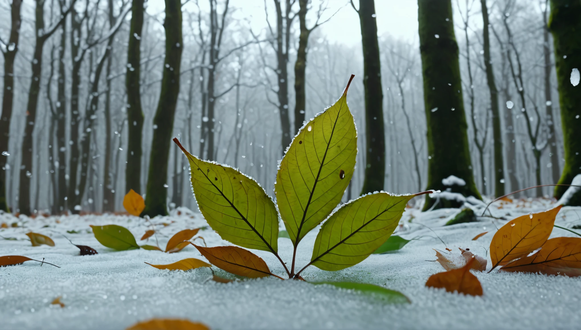 (light green leaves),(winter leaves), (half withered),(Deep woods),magical round leaves leaves falling, snow is falling thinly,nature documentry footage, youtube video screenshot, today's featured photography 4k, autumn rain turkel, nature photography 4k, november, cinematic widescreen shot, leaves and magic, high quality screenshot, 2 0 2 1 cinematic 4 k framegrab, wide screenshot