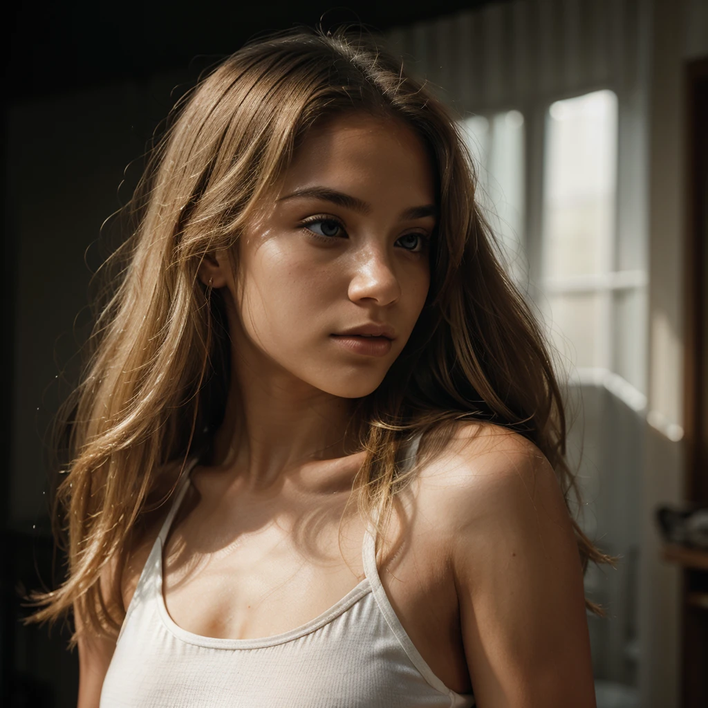 Close-up profile shot of a young person with light skin and long, straight, blonde hair that partially covers their face. The individual is wearing a white tank top and is positioned against a dark, indoor background. The lighting is focused on the subject, highlighting the hair's texture and shine, while the background remains dim and indistinct. The overall composition emphasizes the subject's hair and profile, with minimal visible details of the surroundings.