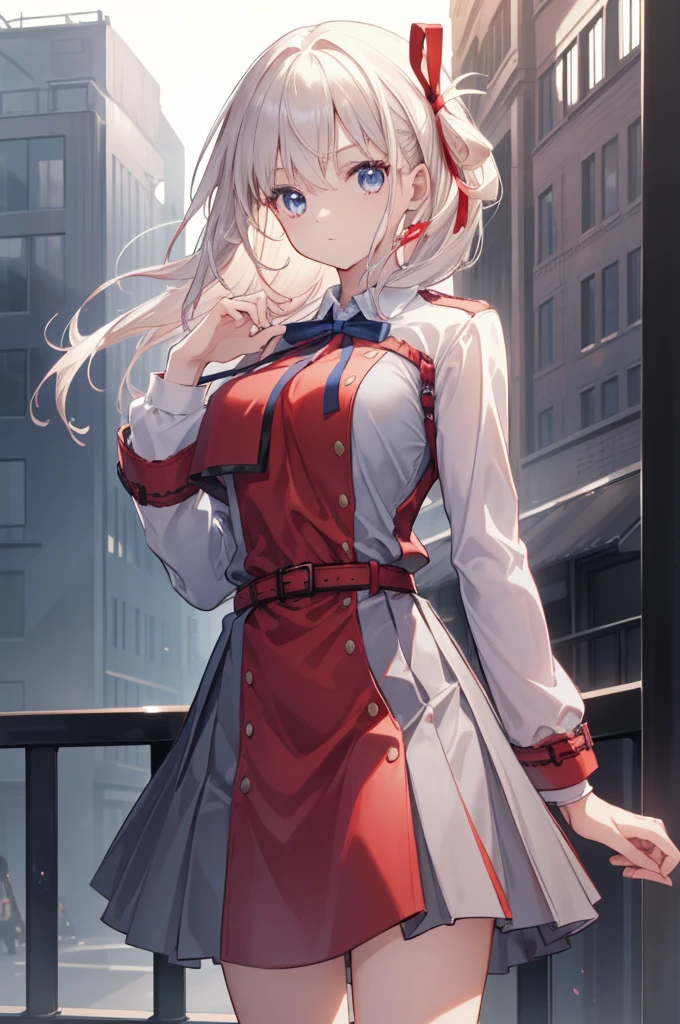 They haven't even toned it down, Nishikigi chisato, short hair, bangs, Blonde, (Red eyes:1.5), hair ribbon, One side up, Bobcut,
break shirt, Long sleeve, dress, ribbon, White shirt, Collared shirt, belt, neck ribbon, red dress, blue ribbon, pleated dress, grey dress, two-tone dress, red belt, Uniform sake,,
break outdoors, city,
break looking at viewer, break (masterpiece:1.2), Highest quality, High resolution, unity 8k wallpaper, (figure:0.8), (Beautiful attention to detail:1.6), Highly detailed face, Perfect lighting, Highly detailed CG, (Perfect hands, Perfect Anatomy),