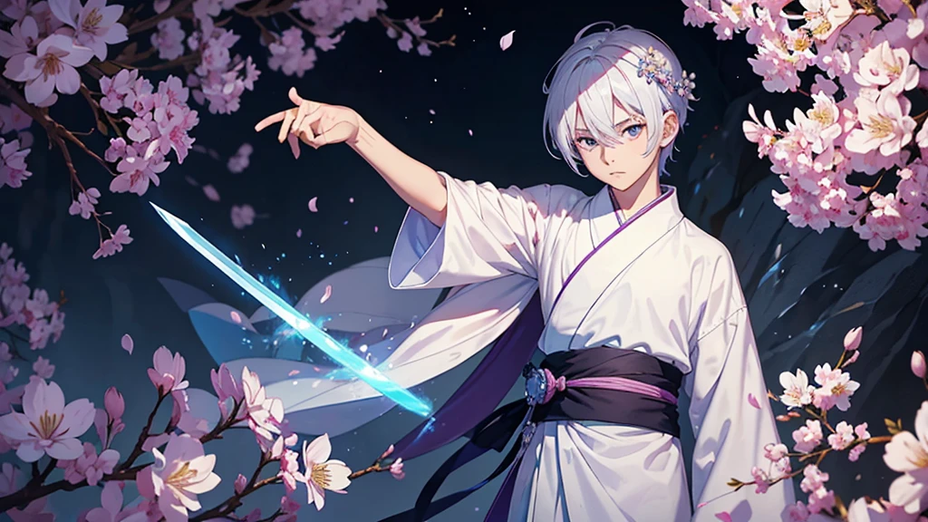 A Chinese boy who has a white hair and holding a sword wearing a white kimono with long long sleeps his kimono has a Persian painting patron and it's shiny behind him is a wall it's like a rock wall half top of the painting is surrounded by white pink purple and light blue flowers like Lily of the Valley and violets and the bottom of the painting there is so many gemstones who are pink purple and light blue the boy has a hair accessory that has a diamond shape gemstone stone that is deep red the boy hold the sword with both hand in the front of him and his pose is kind of like 3.4 of his face showing to us he's har is so long