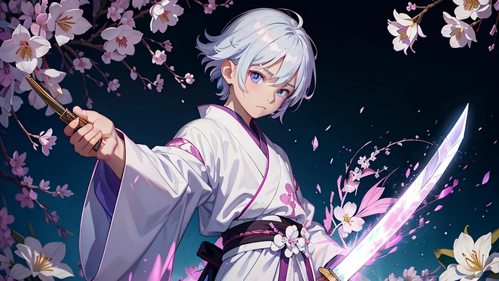 A Chinese boy who has a white hair and holding a sword wearing a white kimono with long long sleeps his kimono has a Persian painting patron and it's shiny behind him is a wall it's like a rock wall half top of the painting is surrounded by white pink purple and light blue flowers like Lily of the Valley and violets and the bottom of the painting there is so many gemstones who are pink purple and light blue the boy has a hair accessory that has a diamond shape gemstone stone that is deep red the boy hold the sword with both hand in the front of him and his pose is kind of like 3.4 of his face showing to us he's har is so long