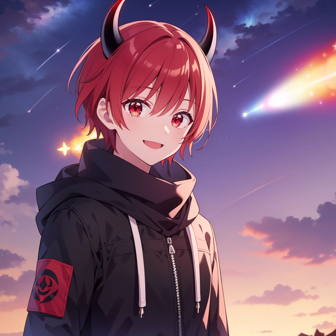 (Highest quality), (masterpiece), 1080P, High resolution, 4K, 8k, boy, Red hair, Red Eye, short hair, devil, black Parker, Focus on the face, Lock, Night Sky, Starry Sky, shooting star, Get Ready, sniper rifle, smile, scarf, devil horns, hood up