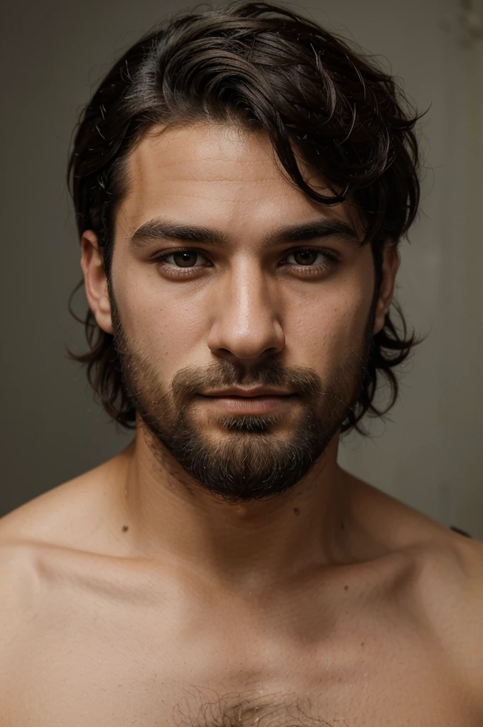 portrait of a very handsome young man with short hair with a blowout type, black curly hair, typical Italian, he has no expression on his face, he does not smile, he does not
of beard, the portrait was taken in a photo studio, the background is entirely white