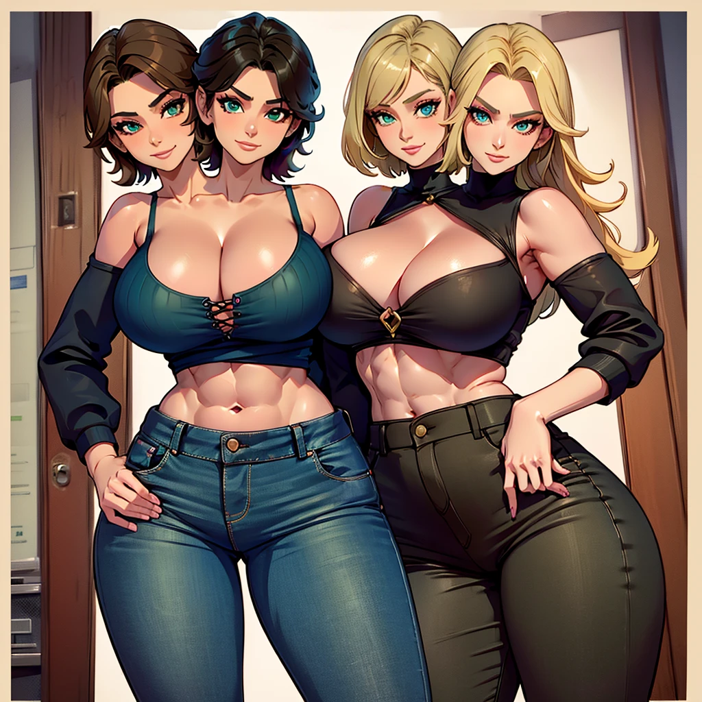 best quality, (masterpiece),(ultra-detailed), (high quality), (high resolution), ((2heads:1.5)), best quality:1.5, highres, UHD, 16K), two headed woman, smiling, highres, masterpiece, (blonde hair), brown hair (cleavage), (green top top), black jeans pants, lustrous and smooth skin, (mature woman), (blue eyes), exposed midriff, seductive silhouette, ((slim hips)), casual dress, sexy proportions, Beautiful girl with accentuated slender abs, long legs, seductive woman, lustrous woman, (large breasts)