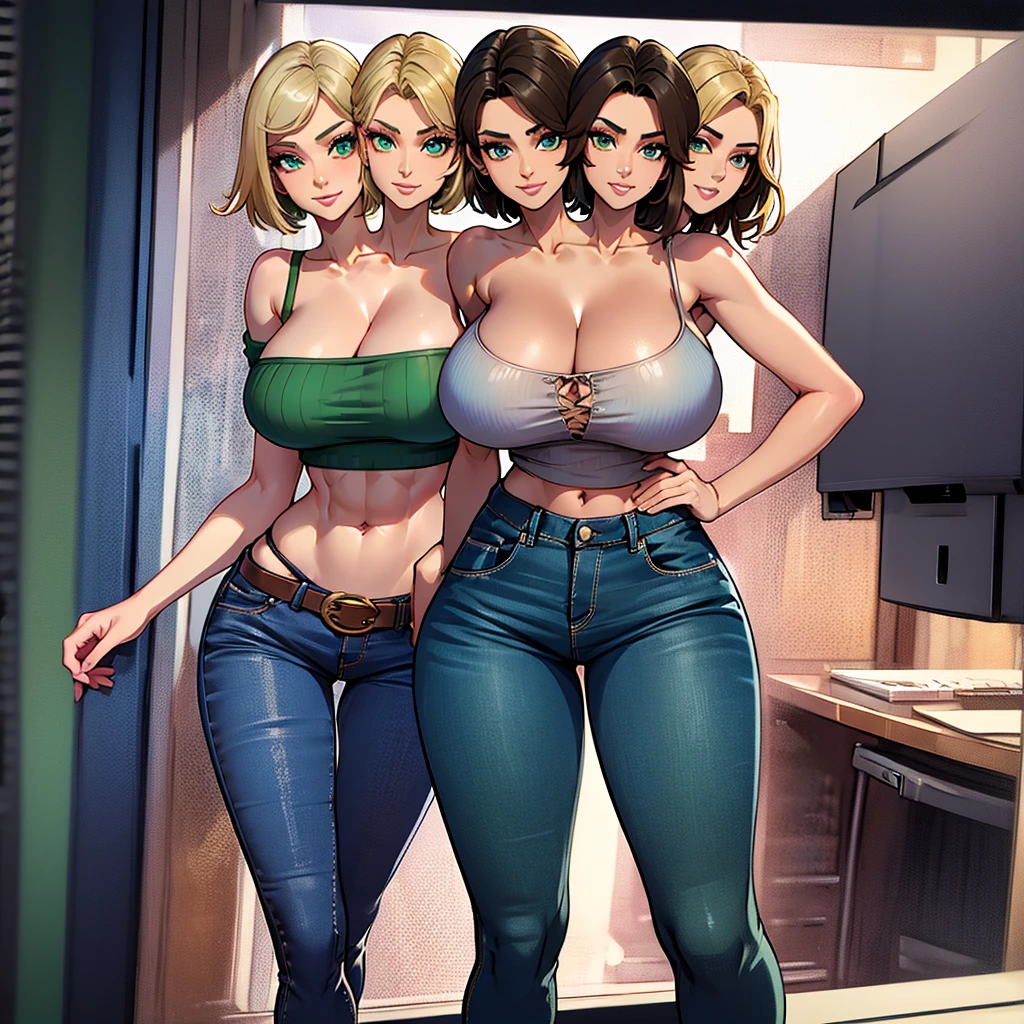 best quality, (masterpiece),(ultra-detailed), (high quality), (high resolution), ((2heads:1.5)), best quality:1.5, highres, UHD, 16K), two headed woman, smiling, highres, masterpiece, (blonde hair), brown hair (cleavage), (green top top), black jeans pants, lustrous and smooth skin, (mature woman), (blue eyes), exposed midriff, seductive silhouette, ((slim hips)), casual dress, sexy proportions, Beautiful girl with accentuated slender abs, long legs, seductive woman, lustrous woman, (large breasts)