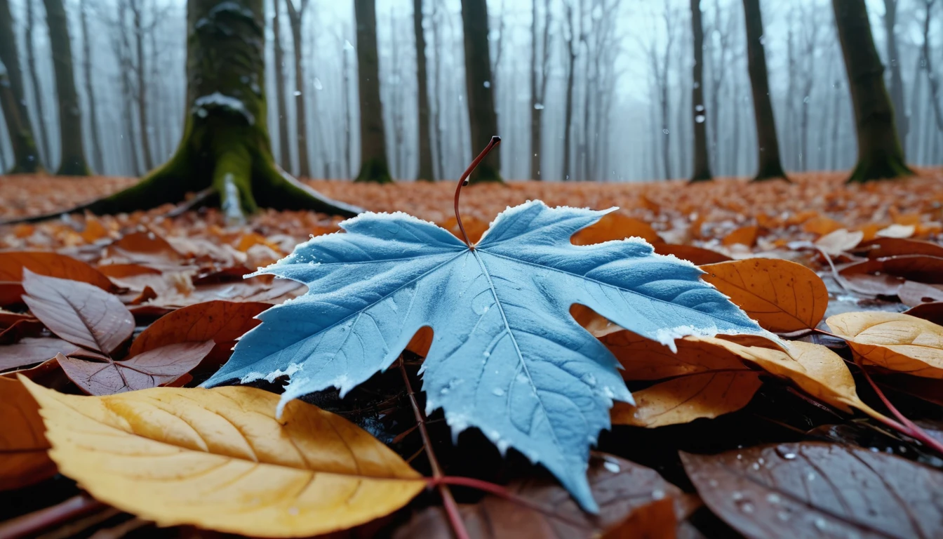 (Light blue gradation leaves),(winter leaves), (half withered),(Deep woods),magical round leaves leaves falling, snow is falling thinly,nature documentry footage, youtube video screenshot, today's featured photography 4k, autumn rain turkel, nature photography 4k, november, cinematic widescreen shot, leaves and magic, high quality screenshot, 2 0 2 1 cinematic 4 k framegrab, wide screenshot
