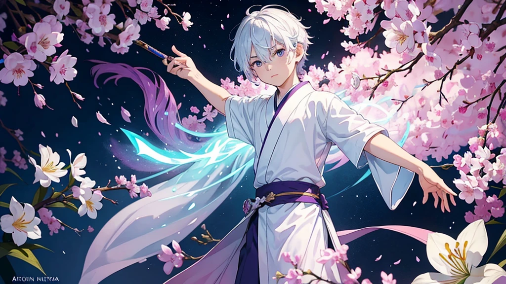 A Chinese boy who has a white hair and holding a sword wearing a white kimono with long long sleeps his kimono has a Persian painting patron and it's shiny behind him is a wall it's like a rock wall half top of the painting is surrounded by white pink purple and light blue flowers like Lily of the Valley and violets and the bottom of the painting there is so many gemstones who are pink purple and light blue the boy has a hair accessory that has a diamond shape gemstone stone that is deep red the boy hold the sword with both hand in the front of him and his pose is kind of like 3.4 of his face showing to us ‏he's har is so long