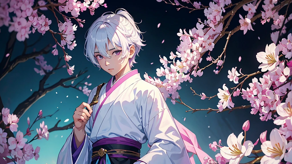 A Chinese boy who has a white hair and holding a sword wearing a white kimono with long long sleeps his kimono has a Persian painting patron and it's shiny behind him is a wall it's like a rock wall half top of the painting is surrounded by white pink purple and light blue flowers like Lily of the Valley and violets and the bottom of the painting there is so many gemstones who are pink purple and light blue the boy has a hair accessory that has a diamond shape gemstone stone that is deep red the boy hold the sword with both hand in the front of him and his pose is kind of like 3.4 of his face showing to us ‏he's har is so long