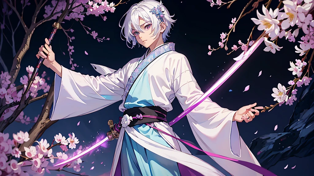 A Chinese boy who has a white hair and holding a sword wearing a white kimono with long long sleeps his kimono has a Persian painting patron and it's shiny behind him is a wall it's like a rock wall half top of the painting is surrounded by white pink purple and light blue flowers like Lily of the Valley and violets and the bottom of the painting there is so many gemstones who are pink purple and light blue the boy has a hair accessory that has a diamond shape gemstone stone that is deep red the boy hold the sword with both hand in the front of him and his pose is kind of like 3.4 of his face showing to us ‏he's har is so long