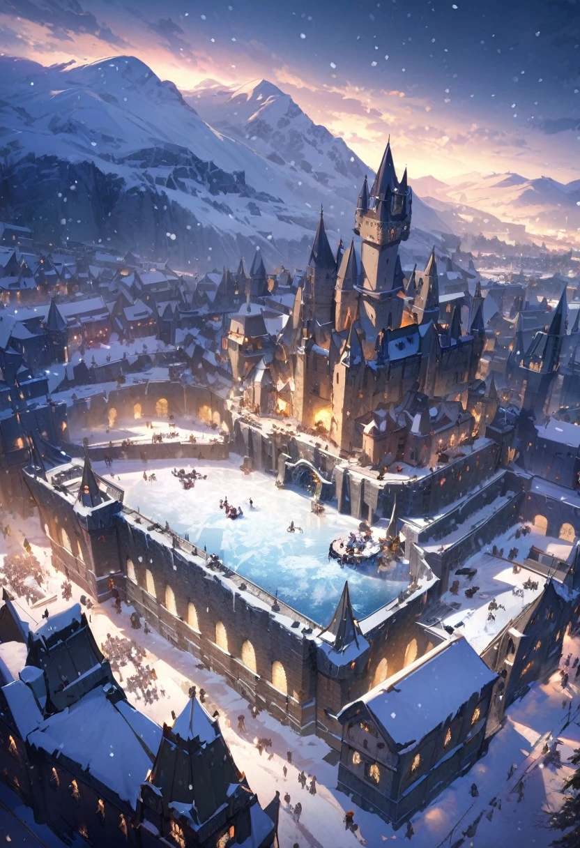 (Masterpiece, best quality, light particles), overhead view of obsidian castle over looking medieval city set in the snowy mountains, battlement walls, banners, snow, people, sprawling streets, frozen lake, night, snowing,