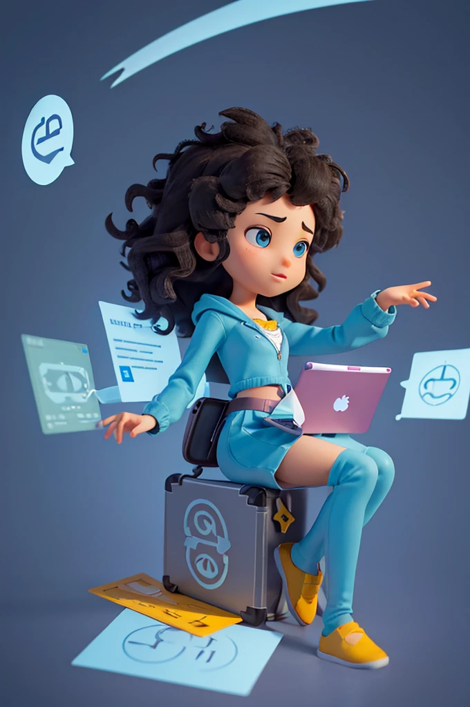Create a illustration estilo PIXER of an individual with voluminous curly hair sitting cross-legged in mid-air while holding an open laptop. Include surrounding elements like floating digital user interface components such as profile cards, text documents, messaging interfaces, and stylized clouds at the bottom against a plain background.color blue