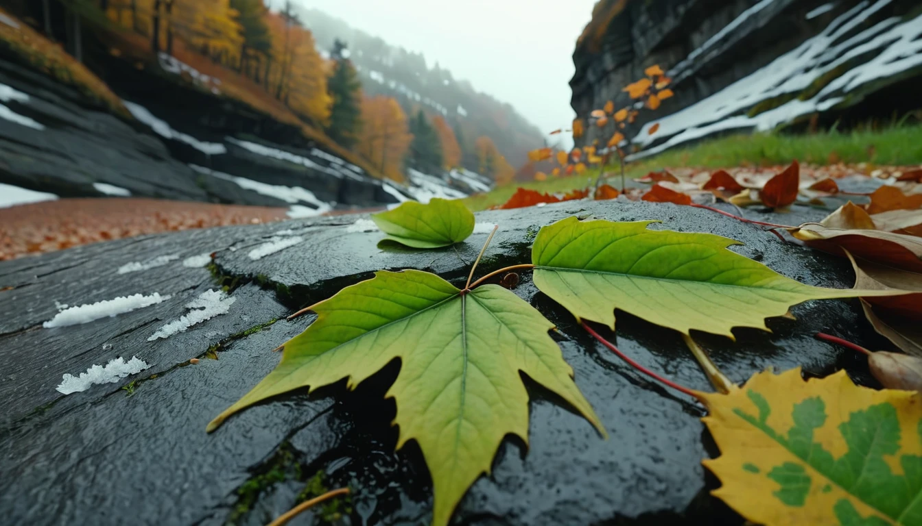 (light green leaves),(winter leaves), (half withered),(on the cliff),magical round leaves leaves falling, snow is falling thinly,nature documentry footage, youtube video screenshot, today's featured photography 4k, autumn rain turkel, nature photography 4k, november, cinematic widescreen shot, leaves and magic, high quality screenshot, 2 0 2 1 cinematic 4 k framegrab, wide screenshot