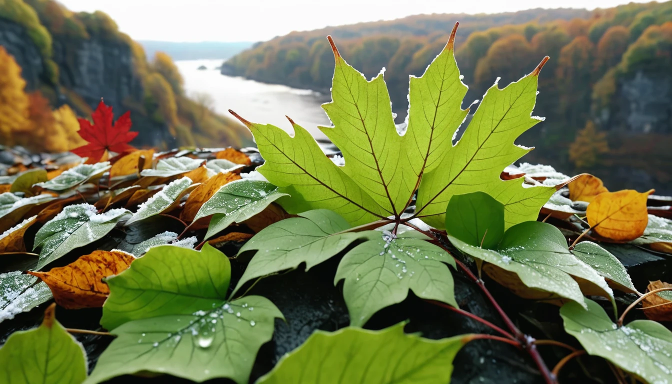 (light green leaves),(winter leaves), (half withered),(on the cliff),magical round leaves leaves falling, snow is falling thinly,nature documentry footage, youtube video screenshot, today's featured photography 4k, autumn rain turkel, nature photography 4k, november, cinematic widescreen shot, leaves and magic, high quality screenshot, 2 0 2 1 cinematic 4 k framegrab, wide screenshot