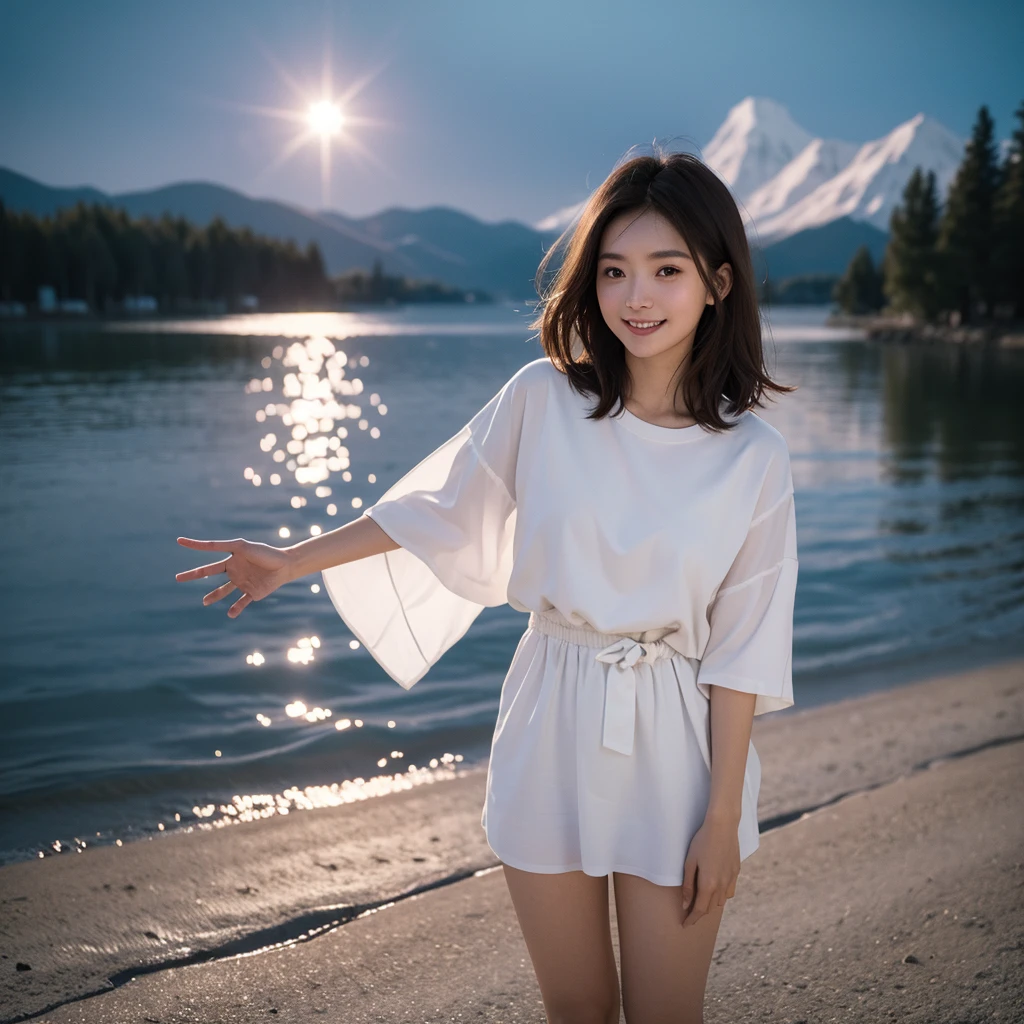 Highest quality,master piece,incredibly absurdres,photography,high resolution,lens flare,a girl, one girl,solo focus,alone,full body,perfect anatomy,Highest quality,8kbloom,a girl, one girl,solo focus,bokeh,alone,full body,standing,posing,4K,8k,raw photo,short brown hairイヤリング,Beautiful eyes、Japanese women,Age 25,healthy,positive,bright,kind,,Trendy fashion for women in their 20s(Stylish shirts,1:3)、Beautiful Skin,Fair skin,,masterpiece,Young and beautiful,Attractive woman,ecup bust、An innocent smile、smile、teeth、The background is a lake、night、moon、dim、The stars are beautiful、Accurate hands、Accurate legs,one girl、Anyway, so cute