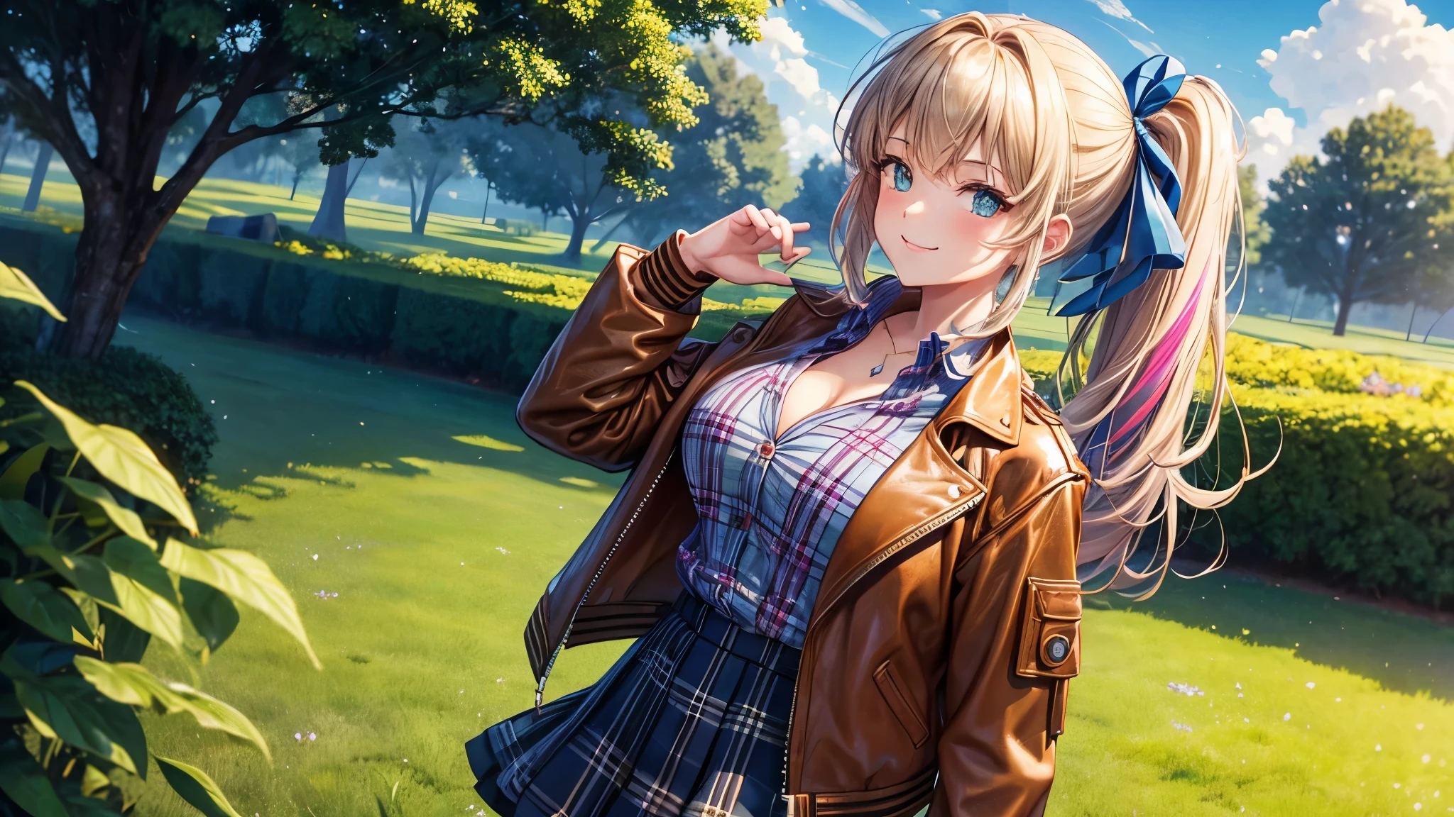 1girl, solo, ((full body)), summer, village, trees, sun, clouds, ((colorful hair)), side ponytail, large breasts, ((brown leather jacket)), button down shirt, ((blue checked shirt)), ((unbuttoned shirt)), unbuttoning buttons, cleavage 1:3 green eyes, grey skirt, smile, happy, looking at the viewer, standing, hair ribbon, golden necklate