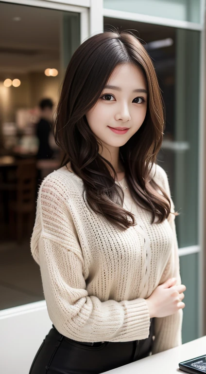 Tabletop, Highest quality, figure, Very detailed, In detail, High resolution, 8k wallpaper, Perfect dynamic composition, Beautiful attention to detail, Winter casual wear,Medium Hair,Small Breasts Natural Color Lip, Bold sexy pose,smile,Harajuku、20-year-old girl、cute、sexy shot looking at camera