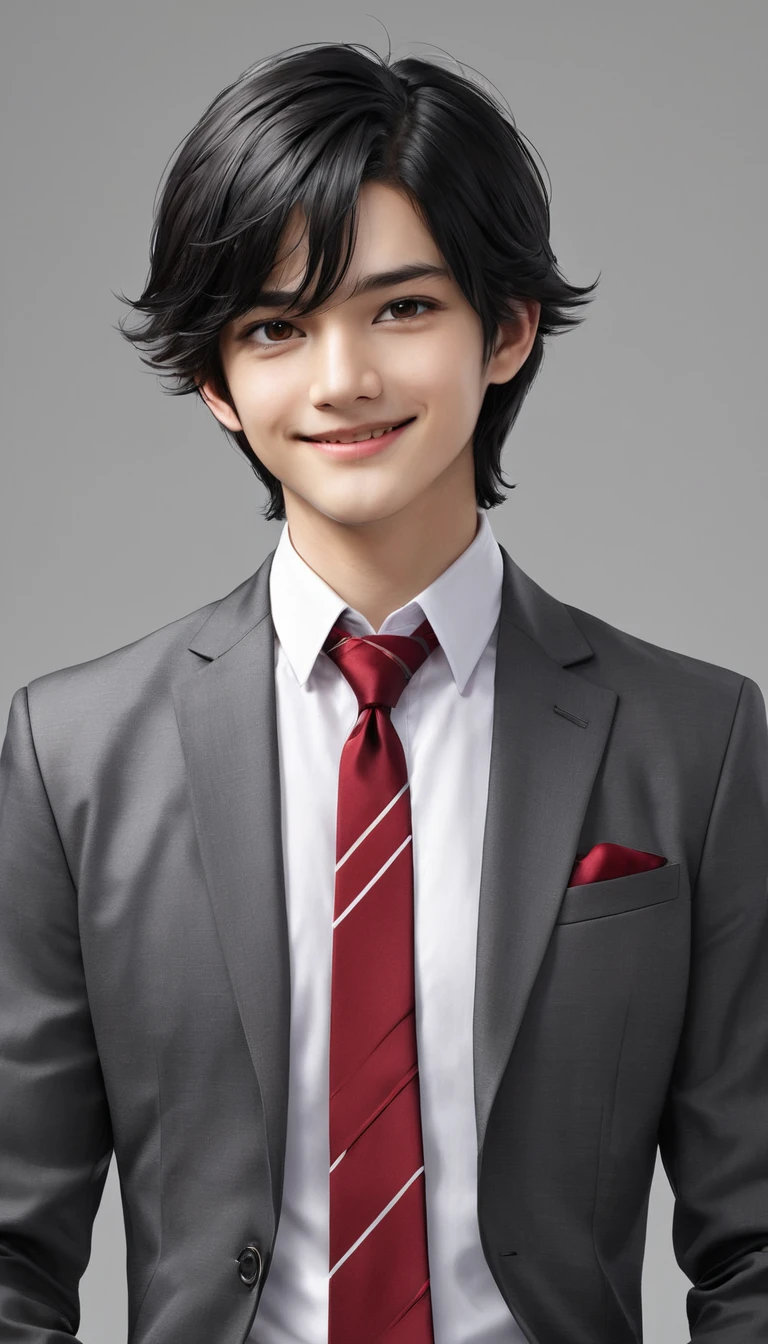 1boy, male_focus, necktie, solo, realistic, red_necktie, shirt, grey_background, white_shirt, black_jacket, formal, looking_at_viewer, collared_shirt, suit, black_hair, simple_background, black_eyes, jacket, closed_mouth, upper_body, smile, wing_collar