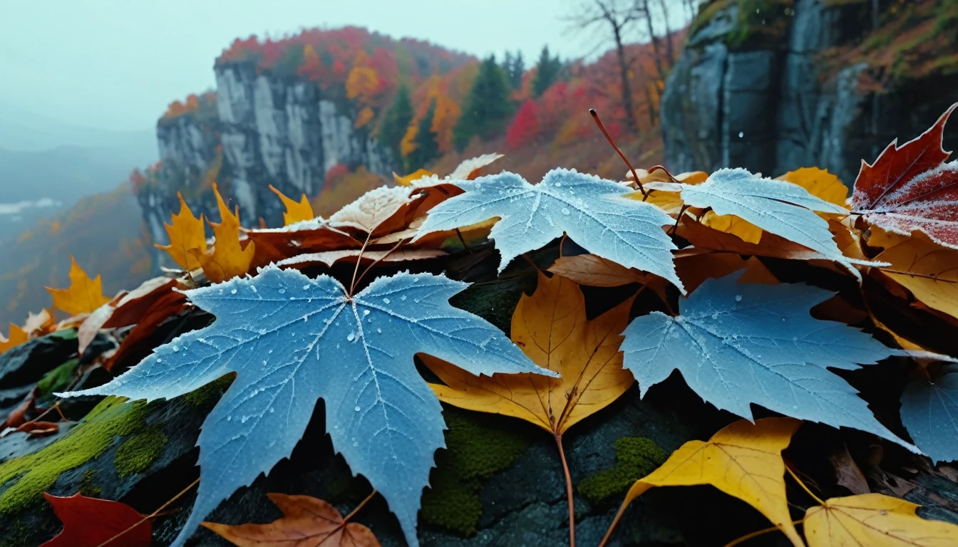(Light blue gradation leaves),(winter leaves), (half withered),(on the cliff),magical round leaves leaves falling, snow is falling thinly,nature documentry footage, youtube video screenshot, today's featured photography 4k, autumn rain turkel, nature photography 4k, november, cinematic widescreen shot, leaves and magic, high quality screenshot, 2 0 2 1 cinematic 4 k framegrab, wide screenshot
