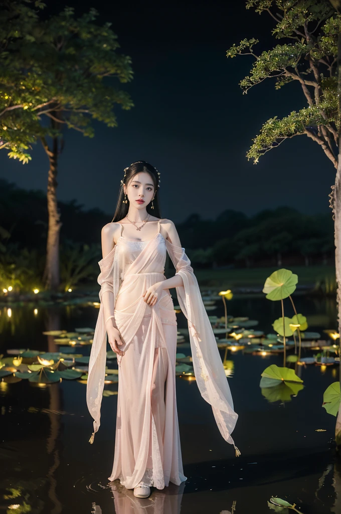 (((best quality))),(((ultra detailed))),(((masterpiece))),illustration,((1 beautiful young  girl,solo)),((slim,thin)),(shoulder length straight hair:1.2),((earrings,necklace)),((small breasts,flat chest)),(see through traditional pink sheer Hanfu dress:1.3),((slender legs,loafers)),(beside the lotus pond full of lotus flowers:1.3), serene moonlight, ethereal,floral pattern, water movement, billowing fabric, tranquil,petals, fireflies, magical warm light, dreams, invitation, (standing:1.3),(arms behind back:1.2),gazing, reflection, inner thoughts, emotional, sweet scent, natural beauty, solitude, hypnotic lull, eternal summer,(night scene:1.3), natural world, human spirit, celebration, backdrop, water, glow,(from front:1.5),(full body:1.2)