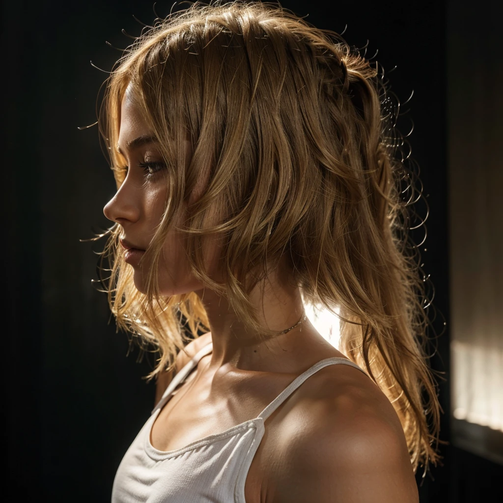 Close-up profile shot of a young person with light skin and long, straight, blonde hair that partially covers their face. The individual is wearing a white tank top and is positioned against a dark, indoor background. The lighting is focused on the subject, highlighting the hair's texture and shine, while the background remains dim and indistinct. The overall composition emphasizes the subject's hair and profile, with minimal visible details of the surroundings.