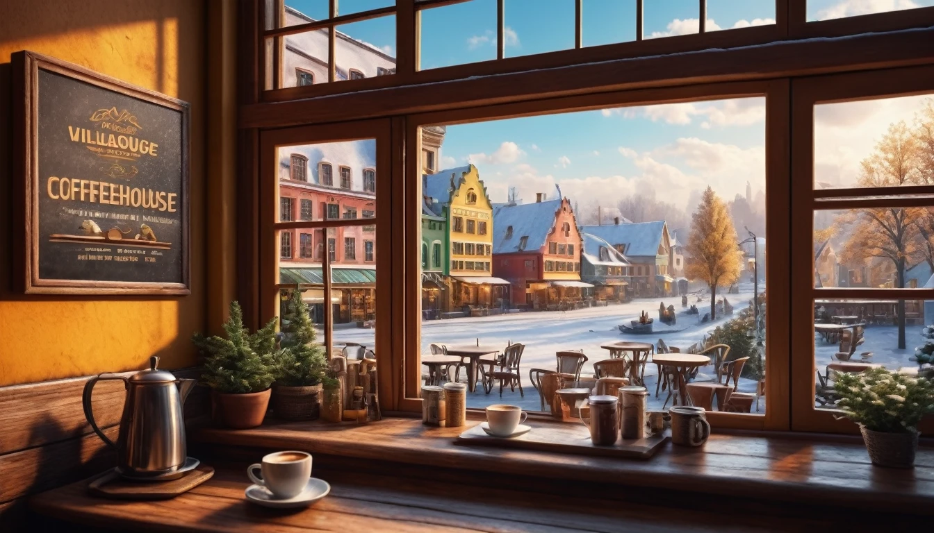 create an image demonstrating the style of ((Global Village Coffeehouse)) style,and winter view outside the window, hyper realism, 8k high definition, vibrant colors, sharp focus, insanely detailed