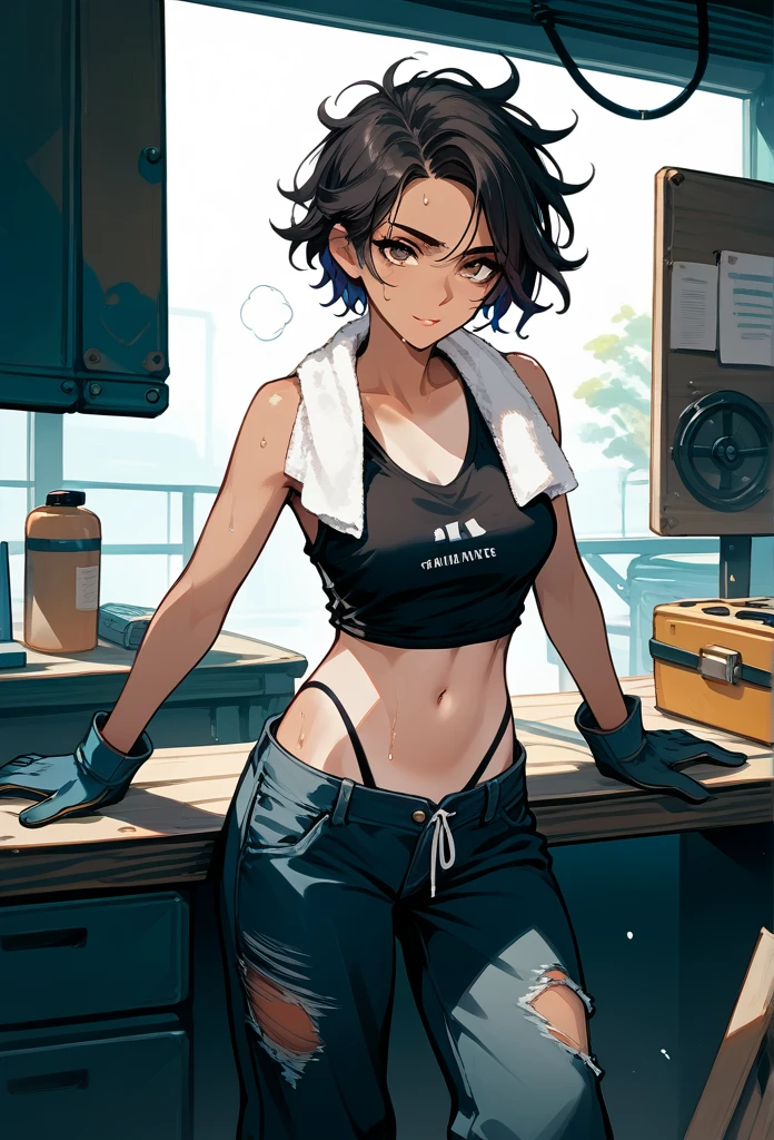 masterpiece, best quality, mature woman, messy hair, black hair, brunette gradient hair color, hot face, (tomboy face), tan skin, mature body, fit body, medium breasts, mechanic gloves, (dirty tank top), stained tank top, midriff, white bandana, mechanic pants, loose pants, workshop, (sweaty), bending over, towel around neck, black thong lines, ripped pants, spreading legs