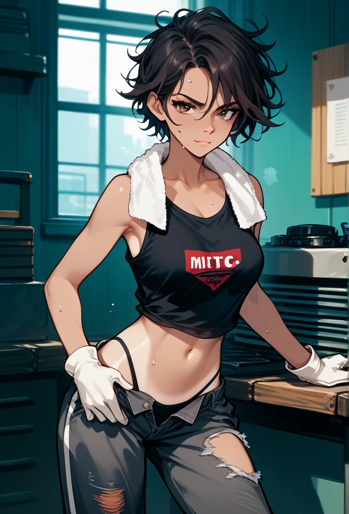 masterpiece, best quality, mature woman, messy hair, black hair, brunette gradient hair color, hot face, (tomboy face), tan skin, mature body, fit body, medium breasts, mechanic gloves, (dirty tank top), stained tank top, midriff, white bandana, mechanic pants, loose pants, workshop, (sweaty), bending over, towel around neck, black thong lines, ripped pants, spreading legs