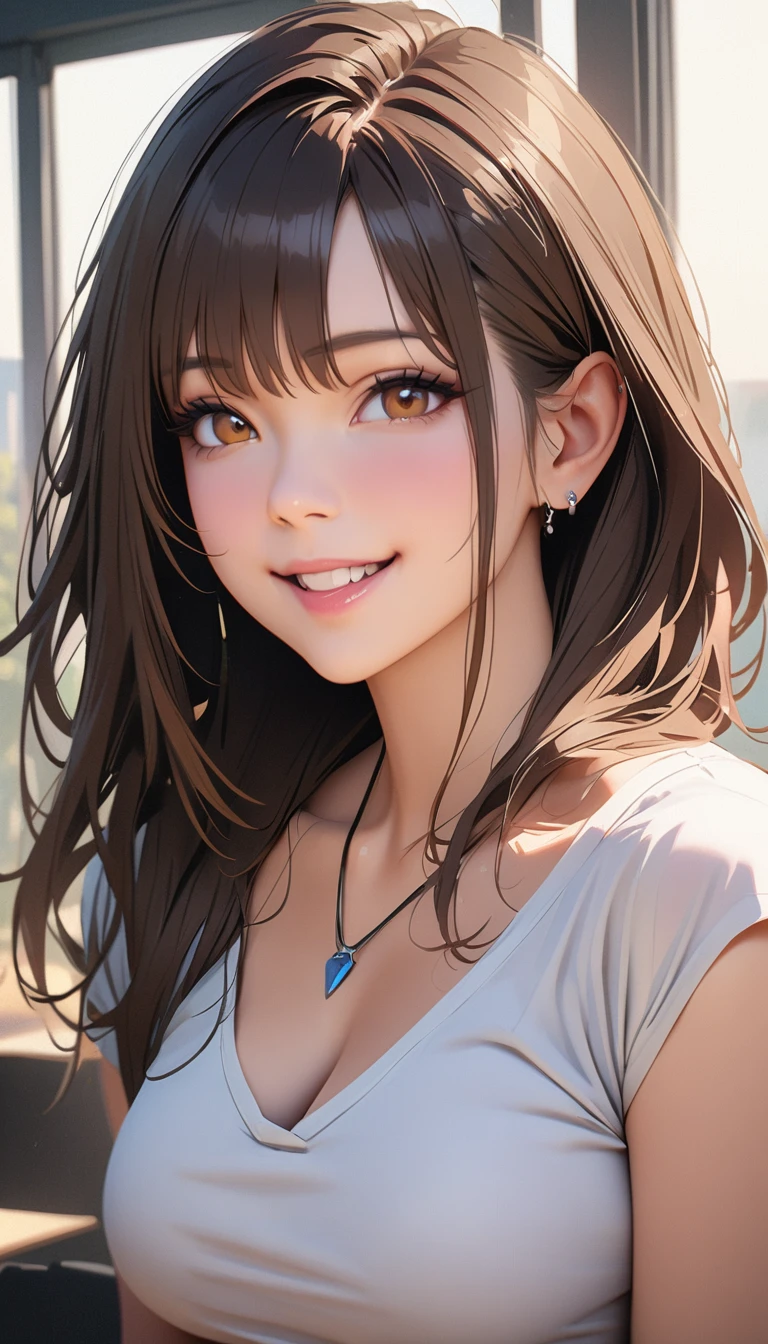 50 years old, masterpiece , modern, Verism, masterpiece, super detail, best quality, 4K , (upper body), a beautiful woman, dark brown hair, white blouse , smile , Hyperrealistic