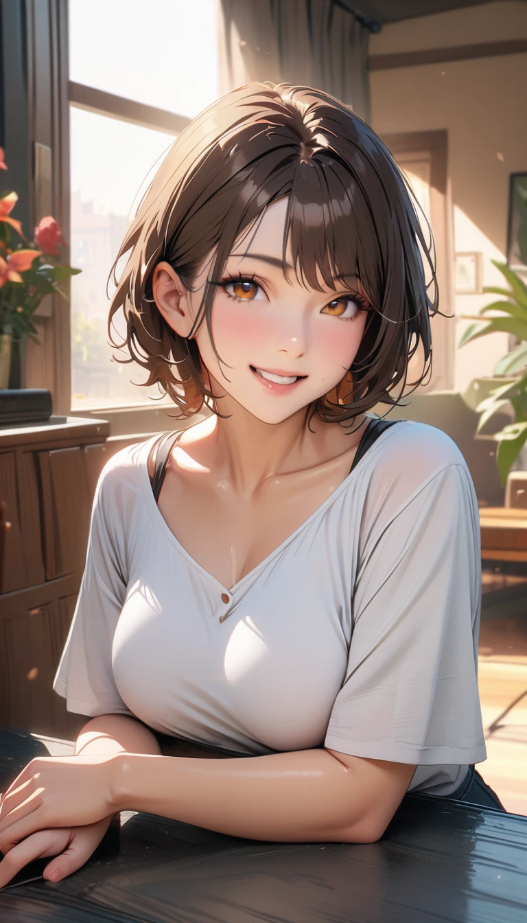 50 years old, masterpiece , modern, Verism, masterpiece, super detail, best quality, 4K , (upper body), a beautiful woman, dark brown hair, white blouse , smile , Hyperrealistic