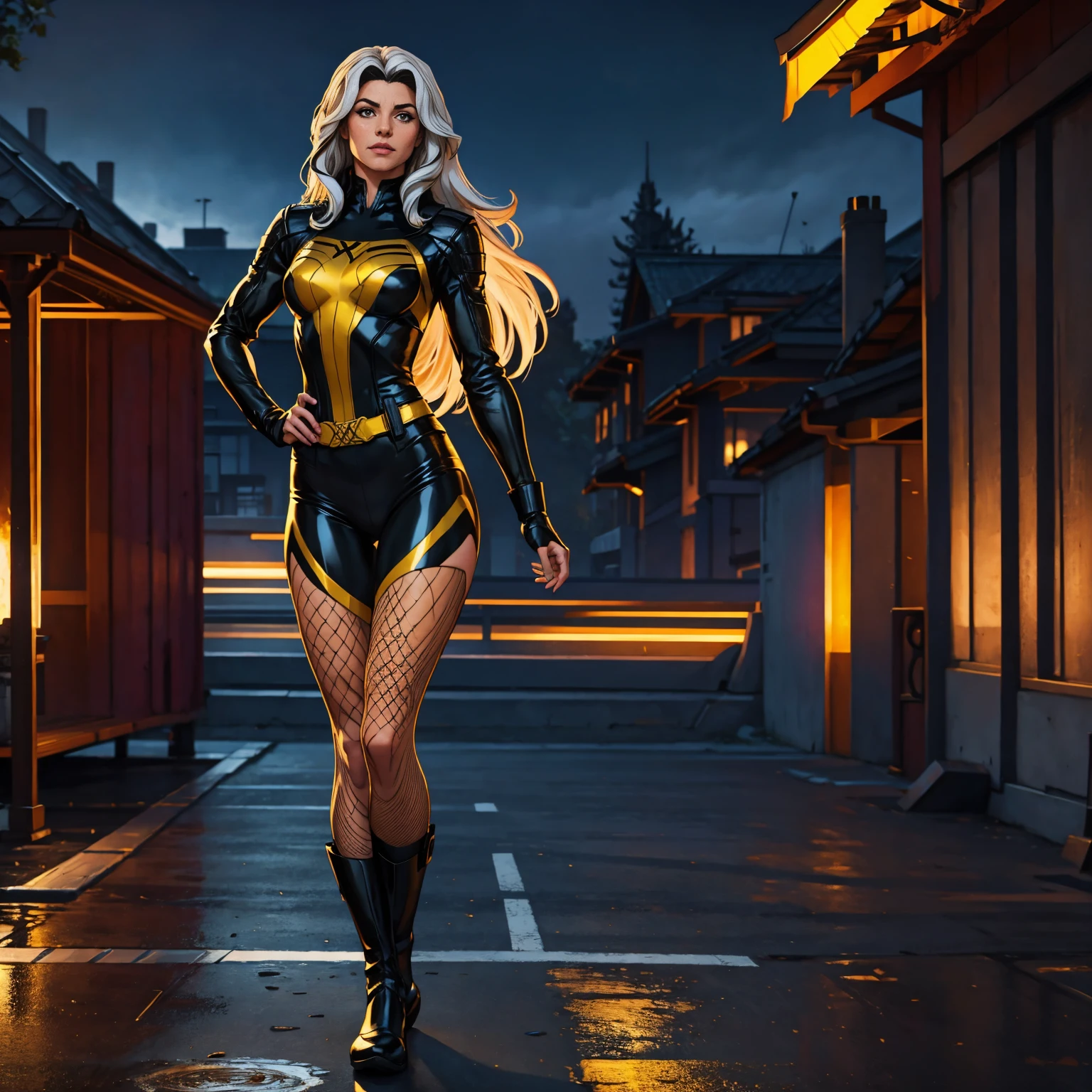 ((Full body photo, standing, feet on the ground)) (best quality, 4k, 8k, high resolution, masterpiece: 1,2), ultra-detailed, fishnet tights, (realistic, photorealistic, photorealistic: 1, 37), full body photo, Rogue, X-Men, yellow high boots, beauty pose, standing, show feet, outside, city roof at night, gold and black and white uniform

