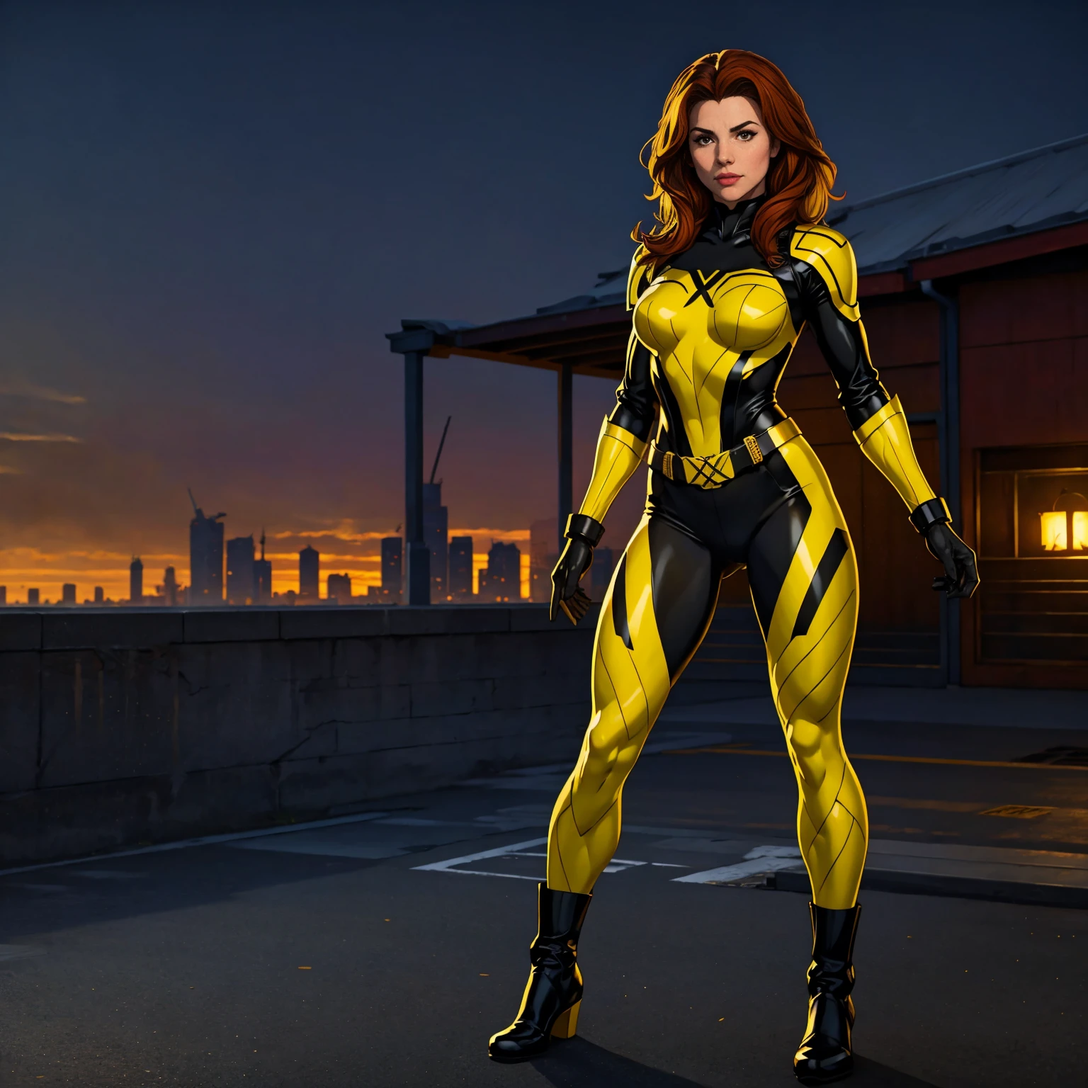 ((Full body photo, standing, feet on the ground)) (best quality, 4k, 8k, high resolution, masterpiece: 1,2), ultra-detailed, fishnet tights, (realistic, photorealistic, photorealistic: 1, 37), full body photo, Rogue, X-Men, yellow high boots, beauty pose, standing, show feet, outside, city roof at night, gold and black and white uniform

