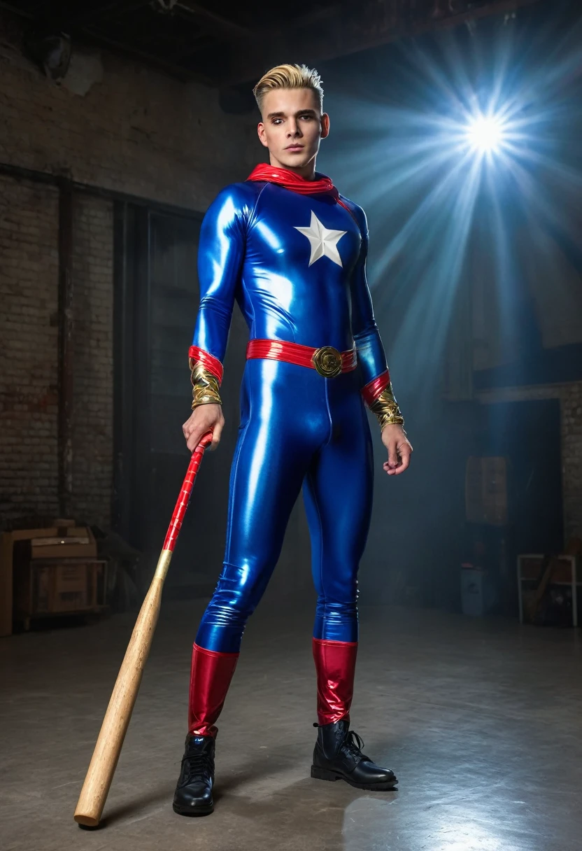 Straight man in latex clothing with middle part haircut with a baseball stick in his hand Homelander from the comic The Boys, wearing Homelander costume, glittering lights, (dynamic pose), (hyper realisitic:1.4), (realisitic:1.3), (best quality real textured leather), whole body, (cinematic light), highly detailed skin, skin pore, (high-detailed face:1.1), (highly-detailed eyes:1.1), realisitic pupils, (Perfect Anatomia: 1.1), (perfect proportions:1.1), (fot:1.1), (photorealisitic:1.1), volumetric lighting, dynamic lighting, real shadows, (high resolution:1.1), sharp focus, Day Light, (realisitic, hyperrealisitic: 1.4), Intricate, high détail, Dramatic, underground dispersal, big depth of field, vivid, polished, Spitz, ((totalmente Spitz)), (extremely absurd),8k hdr